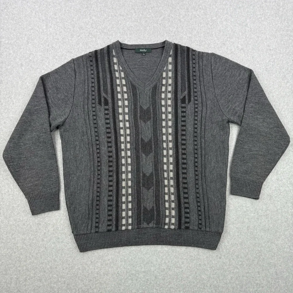 Vintage Wolsey Sweater Mens Large Gray Striped Wool Blend V Neck Pullover Jumper